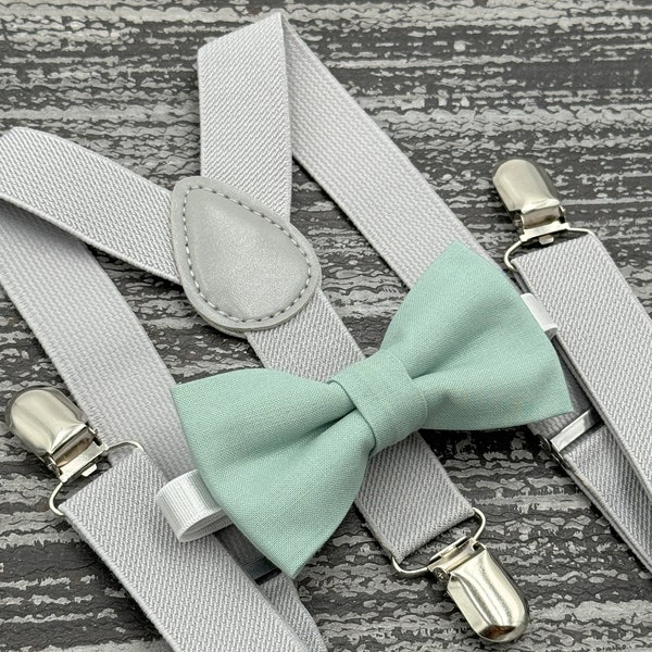 Dusty Sage Agave bow tie & Light Gray Suspenders , Ring Bearer boy's gift  , Groomsmen Wedding outfit , Men's pocket square