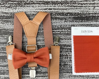Paprika Sienna bow tie & Brown Leather suspenders , Ring Bearer boy's gift , Groomsmen Wedding outfit , Men's pocket square