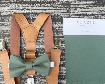 Eucalyptus Green Bow Tie & Brown Vegan Leather Suspenders , Men's Pocket Square , Boys Ring Bearer outfit , Groomsmen Wedding Outfit