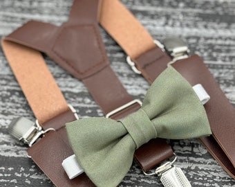 Moss Green bow tie & Leather Dark Brown Suspenders , Eucalypt bow , Ring Bearer boy's gift , Groomsmen Wedding outfit , Men's pocket square