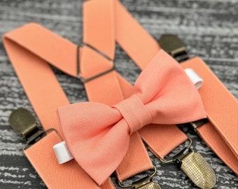 Sunset Coral bow tie & Suspenders , X- back braces , Ring Bearer boy's gift , Groomsmen Wedding outfit , Men's pocket square