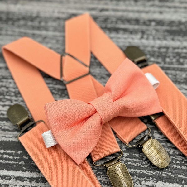 Sunset Coral bow tie & Suspenders , X- back braces , Ring Bearer boy's gift , Groomsmen Wedding outfit , Men's pocket square