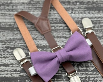 Dark Wisteria bow tie & Leather Skinny Dark brown suspenders , Ring Bearer boy's gift , Groomsmen Wedding outfit , Men's Pocket Square