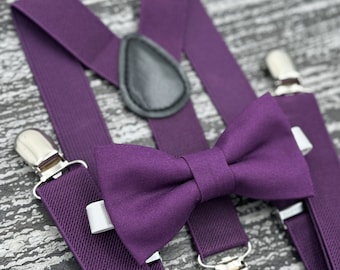 Plum bow tie & Purple suspenders , Ring Bearer boy's gift  , Groomsmen outfit , Men's Pocket Square  , Eggplant Cake Smash Wedding outfit