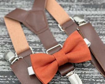 Paprika Sienna bow tie & Leather Suspenders , Dark Brown braces , Ring Bearer boy's gift , Men's pocket square , wedding Groomsmen outfit