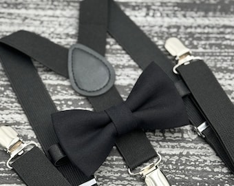 Black bow tie & Suspenders , Ring Bearer boy's gift , Groomsmen Wedding outfit , Men's Pocket Square , Newborn bowtie