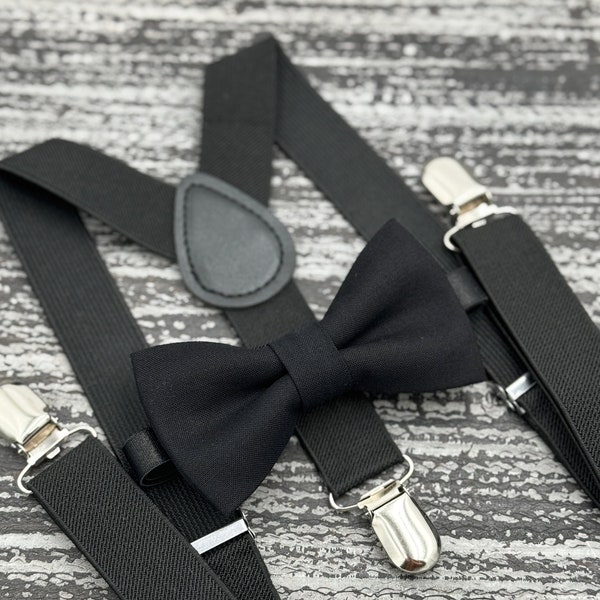 Black bow tie & Suspenders , Ring Bearer boy's gift , Groomsmen Wedding outfit , Men's Pocket Square , Newborn bowtie