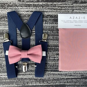 Dusty Rose bow tie & Navy Blue Suspenders , Ring Bearer boy's gift , Groomsmen Wedding outfit , Men's pocket square , Cake Smash outfit image 4