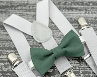 Dark Eucalyptus Green bow tie & Light Gray Suspenders , Ring Bearer boy's gift  , Wedding Groomsmen outfit , Men's pocket square