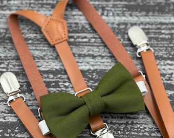 Olive Green bow tie & Skinny leather suspenders , Rust Brown Braces , Ring Bearer boys gift , Groomsmen Wedding outfit , Men's pocket square