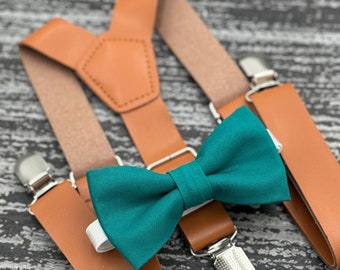 Teal bow tie & Rust brown Leather suspenders , Ring Bearer boy's gift , Groomsmen Wedding outfit , Men's pocket square