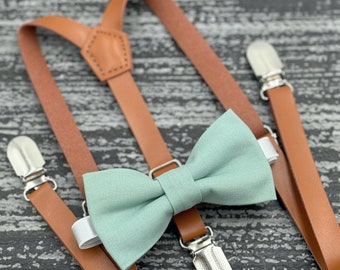 Dusty Sage Agave bow tie & Leather Skinny Suspenders , Rust Brown Braces , Men's pocket square , Ring Bearer boy's gift , Groomsmen outfit