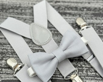 Light Gray bow tie & Suspenders , Ring Bearer boy's gift  , Wedding Groomsmen outfit , Men's pocket square