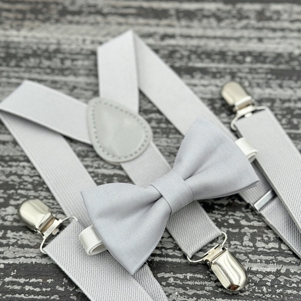 Light Gray bow tie & Suspenders , Ring Bearer boy's gift  , Wedding Groomsmen outfit , Men's pocket square