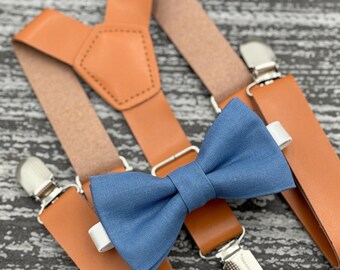 Dark Steel bow tie & Rust Brown Leather Suspenders , Ring Bearer boy's gift , Men's pocket square , Groomsmen wedding outfit