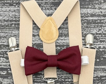 Cabernet Wine bow tie & Champagne Tan Suspenders , Men's Pocket Square , Ring Bearer boy's outfit , Groomsmen Wedding gift