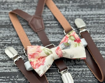 Floral Vintage Rose bow tie & Leather Skinny Dark brown suspenders , Ring Bearer boy's gift , Groomsmen set , Men's Wedding outfit