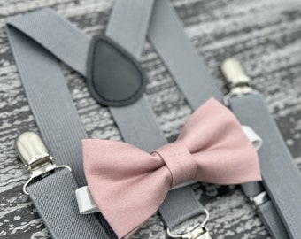 Dusty Mauve Quartz bow tie & Gray Suspenders , Ring Bearer boy's gift , Groomsmen outfit , Men's wedding set