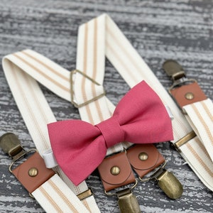 Desert Rose bow tie &  ivory Striped suspenders , Beige - x back braces , Boy's Ring Bearer gift , Men's Groomsmen Outfit