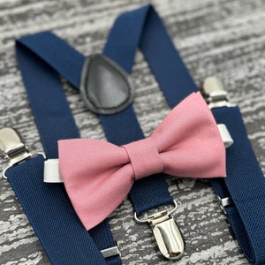Dusty Rose bow tie & Navy Blue Suspenders , Ring Bearer boy's gift , Groomsmen Wedding outfit , Men's pocket square , Cake Smash outfit image 1