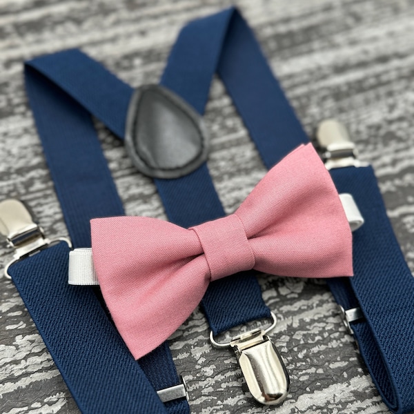 Dusty Rose bow tie & Navy Blue Suspenders , Ring Bearer boy's gift  , Groomsmen Wedding outfit , Men's pocket square , Cake Smash outfit