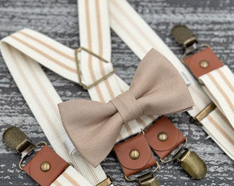 Light Taupe bow tie & Ivory striped Suspenders , Ring Bearer boy's gift , Men's pocket square , Groomsmen outfit , x - back beige braces