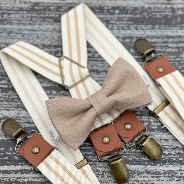 Light Taupe bow tie & Ivory striped Suspenders , Ring Bearer boy's gift , Men's pocket square , Groomsmen outfit , x - back beige braces