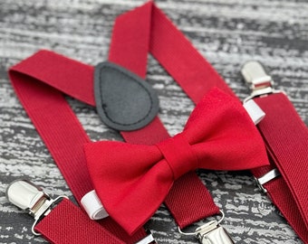 Apple Red bow tie & Suspenders , Ring Bearer boy's gift , Groomsmen Wedding outfit , Men's Pocket Square , Holiday Costume set