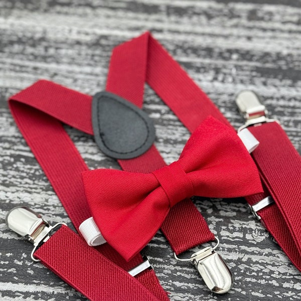 Apple Red bow tie & Suspenders , Ring Bearer boy's gift , Groomsmen Wedding outfit , Men's Pocket Square , Holiday Costume set