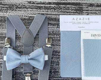 Dusty Blue bow tie & Gray Suspenders , Groom Braces , Ring Bearer boy's gift , Men's pocket square , Wedding Groomsmen outfit