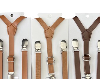 Brown Vegan Leather SKINNY Suspenders , Men's Groom Adult Kid's Baby Boy Ring Bearer rustic suspenders