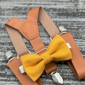 Marigold Bow Tie & Suspenders | Groomsman Suspenders | Cognac Suspenders | Vegan Leather | Ring Bearer outfit