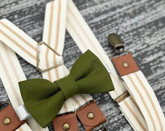 Olive Green bow tie & Beige Ivory Striped Suspenders , Ring Bearer boy's gift , Men's pocket square , groomsmen wedding accessories