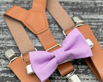 Wisteria Purple bow tie & Leather Suspenders , Rust Brown braces , Ring Bearer boy's gift , Groomsmen Wedding outfit , Men's pocket square