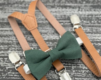 Dark Eucalyptus Green bow tie & Skinny leather Brown suspenders , Ring Bearer boy's gift , Groomsmen Wedding outfit , Men's pocket square