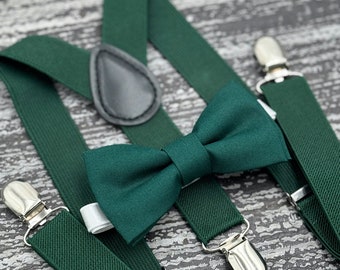 Pine Green bow tie & Dark Green Suspenders , Ring Bearer boy's gift , Men's pocket square , Groomsmen wedding accessories , Groom Braces