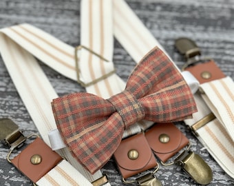 Brown Plaid bow tie & Ivory Beige Striped Suspenders , Ring Bearer boy's gift , Groomsmen Wedding outfit , Men's x- back braces