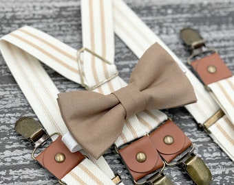 Taupe bow tie & Ivory Beige Striped Suspenders , Ring Bearer boy's gift  , Groomsmen Wedding outfit , Men's x - back braces