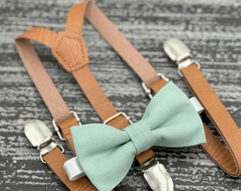 Dusty Sage Agave bow tie & Skinny leather Brown suspenders , Ring Bearer boy's gift , Groomsmen Wedding outfit , Men's pocket square