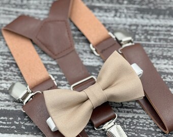 Light Taupe bow tie & Leather Dark Brown suspenders , Ring Bearer boy's gift , Groomsmen Wedding outfit , Men's pocket square