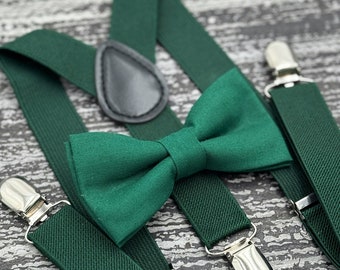 Juniper bow tie & Dark Green Suspenders , Ring Bearer boy's gift  , Groomsmen Wedding outfit , Men's Pocket Square , Newborn Bowtie