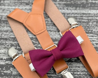 Crimson Sangria bow tie & Rust brown Leather suspenders , Ring Bearer boy's gift , Groomsmen Wedding outfit , Men's pocket square