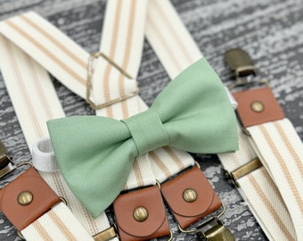 Sage Meadow bow tie & Ivory Striped Suspenders , Ring Bearer boy's gift , Men's pocket square , wedding Groomsmen outfit , Matcha bow tie