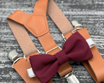 Cabernet Wine bow tie & Leather Suspenders , Rust Brown Braces , Ring Bearer boy's gift , Men's pocket square , wedding Groomsmen outfit