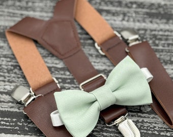 Dusty Sage bow tie & Leather Dark Brown Suspenders , Ring Bearer boy's gift , Men's pocket square , wedding Groomsmen outfit