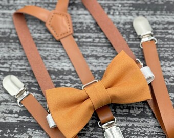 Butterscotch bow tie & Rust Brown Skinny Leather Suspenders , Sundial Bow , Ring Bearer boy's gift , Men's pocket square , Groomsmen outfit