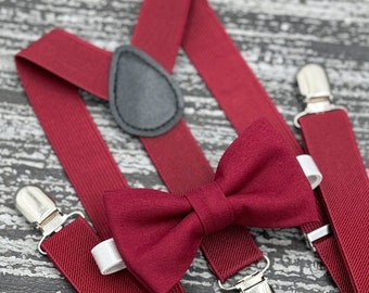 Burgundy bow tie & Suspenders , Ring Bearer boy's gift , Men's pocket square , wedding Groomsmen outfit , Wine braces