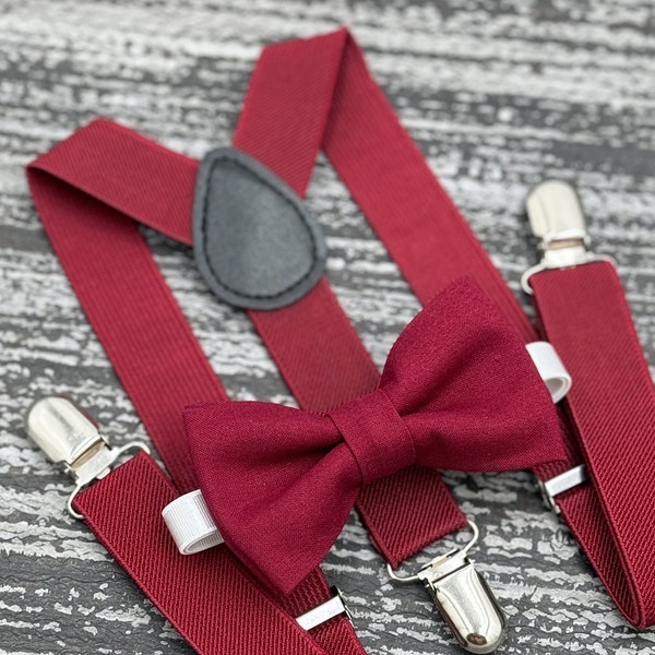 Burgundy bow tie & Suspenders , Ring Bearer boy's gift , Men's pocket square , wedding Groomsmen outfit , Wine braces