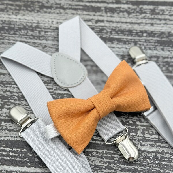 Butterscotch bow tie & Light Gray Suspenders , Sundial bow , Ring Bearer boy's gift , Men's pocket square , wedding Groomsmen outfit