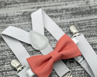 Sedona bow tie & Light Gray suspenders , Ring Bearer boy's gift , Groomsmen Wedding outfit , Men's Pocket Square